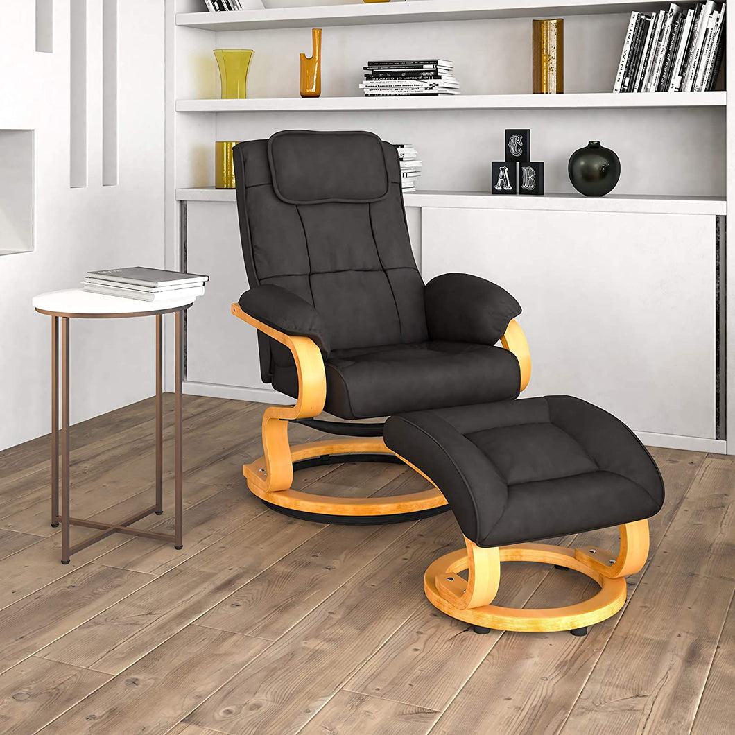Flash Furniture Contemporary Adjustable Recliner and Ottoman with Swivel Maple Wood Base in Black LeatherSoft
